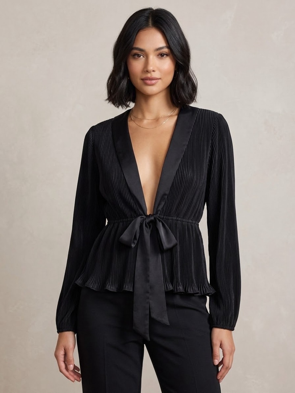 Lulus Black Pleated Top Long Sleeve Deep V Tie-Front Peplum Blouse Womens S